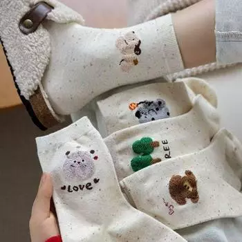 5Pairs Mid-calf Cartoon Tube Socks Cat Sweet Bowknot Sock Breathable Dots Socks Women Streetwear Style B 5Pairs