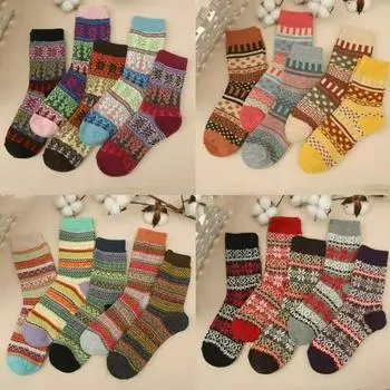 5Pairs Mid-calf Women s Snow Socks Stripes Thicken Knit Socks Cozy Mid Tube Socks Autumn Winter Style H