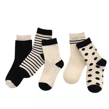 5Pairs/Set Children Girls Cotton Sock Fashion Black White Striped Kids Mid Tube Socks Baby Autumn Polka Dot Socks S(2-5y) черный белый
