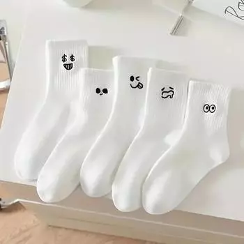 5Pairs White Cute Expression Pattern Socks Cotton Ruffles Ankle Socks Women s Cartoon Socks Mid Tube Spring Casual Girls Socks Single code