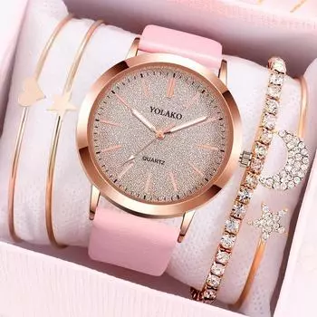 5pc (Часы+Браслет) женские часы/комплект женских часов/кожаный ремешок с кварцевыми часами синий