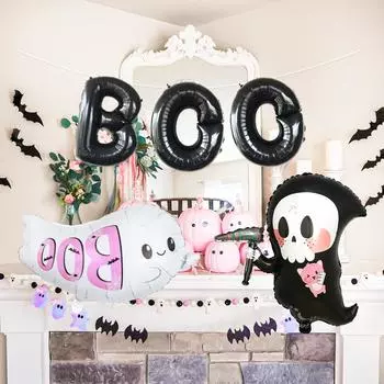 5pc Halloween Boo Party Cute Scythe Skeleton Fat Boo Ghost, Black Halloween Trick or Treat Holiday Decoration Props Other