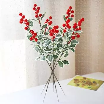 5pc Simulation 7-Pronged Red Fruit Christmas Leaf, Single Christmas Decoration Artificial Flower, Home Dining Table Flower Arrangement, Money Fruit One Size