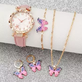 5PCS Butterfly Women s Watch Leather Strap Women s Quartz Watch Jewelry Set