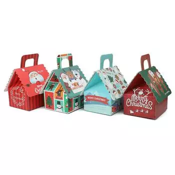 5pcs Christmas House Shape Gift Boxes Kraft Paper Candy Cookies Gift Packaging Box With Handle Xmas Tree Pendant Party Supplies 5pcs