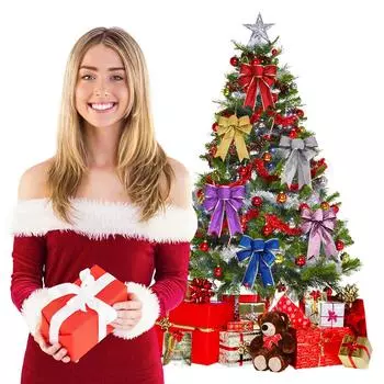 5Pcs Christmas Large Bowknot Decor Glitter Ribbon Bow Wreath Ornament for Christmas Tree Presents Decor красный