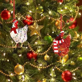 5Pcs Christmas Tree Chicken Pendants 2D Chicken Acrylic Ornaments Christmas Rooster Hens with