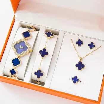 5PCS Clover Watch Браслет Ожерелье Серьги Подарочный Набор Модные Женские Часы Браслет Женские Часы Кварцевые Часы, Включает Подарочную Коробку watch + jewelry 5-piece set + gift box чёрный