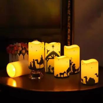 5pcs Flameless LED Christmas Nativity Scene Candle Lights Battery Powered Religious Pillar Decoration for Indoor Holiday Home теплый белый