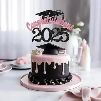 5pcs Glitter Congratulations Cake Card Handmade Graduation Cupcake Toppers Party Cake Decorations розовый