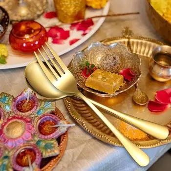 5Pcs Golden Stainless Steel Dinnerware Set Colander Spoon Service Spoon Soup Spoon Salad Fork Cake Tongs Kitchen Tableware