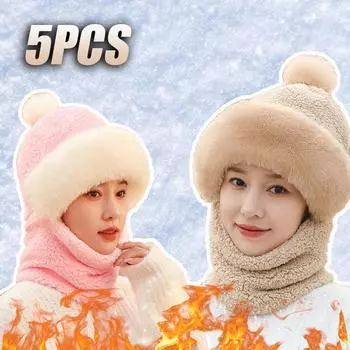 5PCS Hairball Cap Winter Velvet Thickened Warm Cap Scarf Mask One Ear Protection Windproof Hat Riding Warm Cold Head Cap 1PC серый