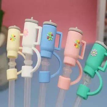 5Pcs Ins Style Cute Silicone Straw Lids Large Diameter Straw Cap Color Silicone Leakproof Plug Cold Drink Accessories Dust Cup