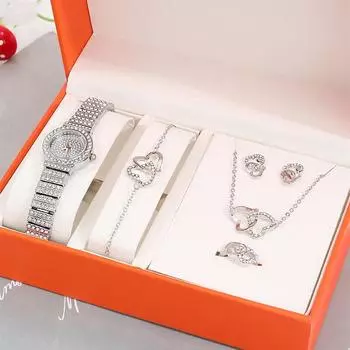 5 шт. роскошные модные женские кварцевые часы с бриллиантами на циферблате, полое ожерелье в форме сердца, браслет, кольцо, серьги, набор часов серебро белый