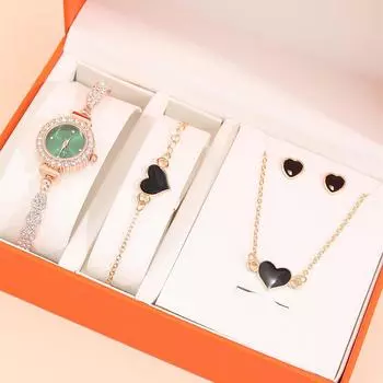 5 шт. роскошные персонализированные женские темпераментные кварцевые часы с зеленым циферблатом в форме сердца с подвеской в виде ожерелья и браслета для подруги