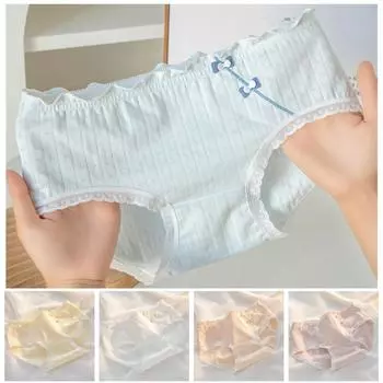 5PCS Mid Waist Bowknot Panties Cotton Crotch Underpants for Women Elastic Sweet Briefs Girls M-5PCS