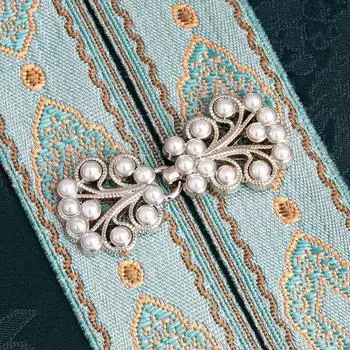 5pcs Pearl Metal Coiled Clasps Hanfu Button Adjustable Waist-Defining Retro Chinese-Style Decorative Clasps for Garments 2cm X 4.5cm