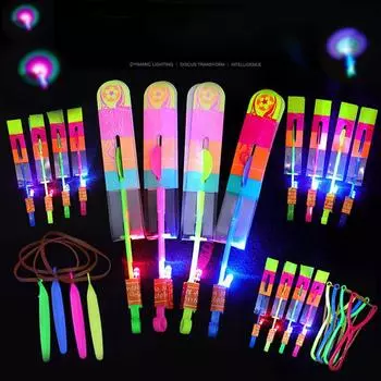 5PCS Rocket Helicopter Flying Toy Amazing Flying Arrow LED Light Toys for Kids Party Photo Props Fun Gifts Rubber Band Catapult