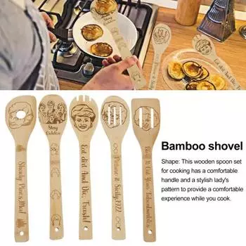 5Pcs/Set Bamboo Cooking Utensils Set Wooden Kitchen Spoons Spatulas Eco-Friendly Bamboo Cookware Tools 1 Set A
