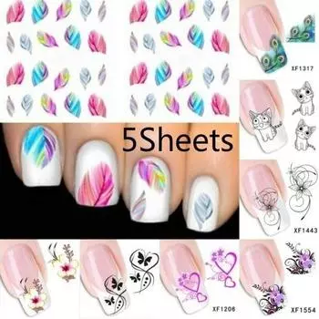5Pcs/Set Bulk Flower Decals Water Transfer Manicure Nail Art Stickers Tips Decoration DIY Random