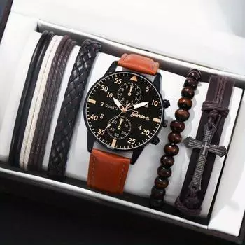 Набор из 5 предметов, роскошные мужские часы, модные мужские кожаные часы с календарем, кварцевые часы, спортивные мужские часы, лучший мужской подарок
