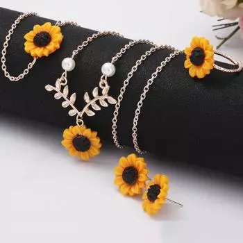 5Pcs/Set Мода Подсолнечник Кулон Ожерелье Серьги-гвоздики Кольцо Браслет Ювелирные изделия ярко-розовый/золотистый