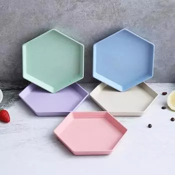5pcs/set Multifunctional Fruit Plate Tableware Dishes Thicken Wheat Straw Hexagon Tray Dessert Plates Home Candy Color Dishes