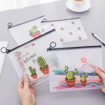 5Pcs Set Small Fresh Transparent PVC Waterproof Pencil Case Cactus Ring Storage Bag for Children Students Stationery Supplies