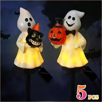 5PCS Solar Halloween Decoration Outdoor Lights Creative Atmosphere Waterproof Courtyard Garden Decoration Resin Pumpkin Lantern