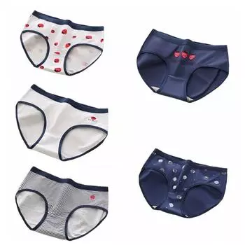 5PCS Stripes Love Heart Panties Bowknot Women Underwear Elastic Strawberry Briefs Girls M-StyleB 5Pcs