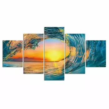 5Pcs Wave Sunset Ocean Sea 5 Pieces Paintings Wall Poster Modern Abstract Canvas HD Print Home Decor 5 Panel Pictures Art 20x35 20x45 20x55cm
