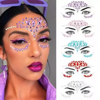 5шт Алмазные наклейки для лица Разноцветные кристаллические наклейки Лицо-шоу Вечеринка Бал-маскарад Октоберфест Продукты для макияжа Без клея Декоративные наклейки 5pcs
