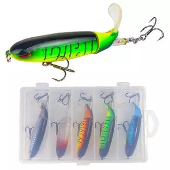 5шт реалистичная рыболовная приманка Whopper Popper Topwater Swimbait с 2 крючками Trible и вращающимся хвостом