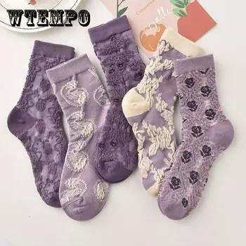 5шт Симпатичная Лолита Носки Женский Гребеный хлопок для зимы Японская мода Соккен с тиснеными цветами Тюльпан Вышивка Большая девушка Подарок 5pcs purple