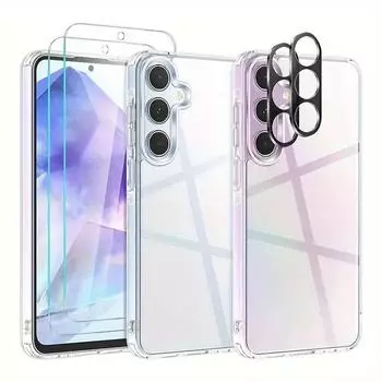 5в1[2+2+1] для Samsung Galaxy A05 A05S A15 A25 A35 A55 A14 A24 A34 A54 5G прозрачный мягкий чехол из ТПУ + защитные пленки из закаленного стекла + защитные пленки для объектива камеры Samsung A55 чистый