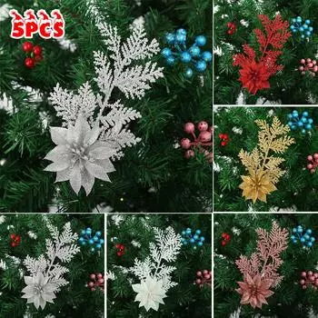 5X Рождественская Пуансеттия Блестящие Цветы Сосновые Ветки Дерево Подвесной Декор Для Вечеринки белый