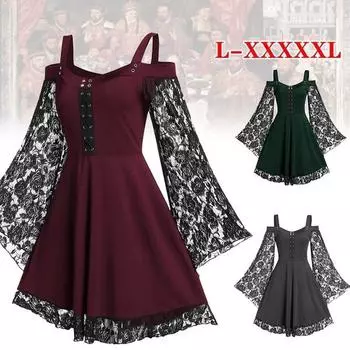 5XL 3 цвета, винтажное готическое женское платье, кружевное вязаное крючком платье с расклешенными рукавами, платья ведьмы вампира, средневековый Ренессанс, гот, косплей 5XL чёрный