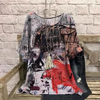 5xl 6xl 7xl Большие размеры Симметричные ретро принт Летние футболки Повседневные Круглый вырез Короткие рукава Свободная женская одежда 7XL