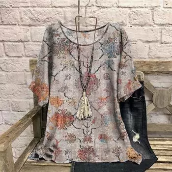 5xl 6xl 7xl Большие размеры Симметричные ретро принт Летние футболки Повседневные Круглый вырез Короткие рукава Свободная женская одежда 7XL