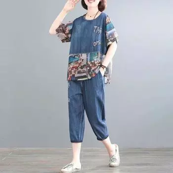 5XL Летние женские джинсовые комплекты весна-лето с принтом и строчкой Модные женские комплекты из тонкого денима укороченные брюки для мам из 2 предметов 6XL синий