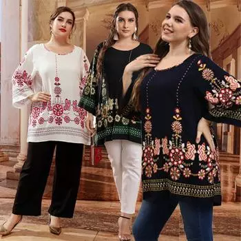 5XL плюс размер блузка рубашка женская с круглым вырезом с длинным рукавом с цветочным принтом повседневная блузка свободные большие женские туники топы 5XL белый
