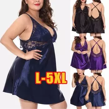 5XL Плюс Размер Шелковый Атлас Кружева Назад Крест Сексуальная Плюс Размер Пижамы Женщины Эротический Комплект Женского Белья Babydoll L чёрный