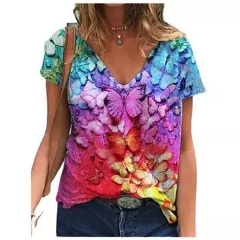 5XL Повседневная летняя футболка для женщин 2021 года, новые свободные топы с коротким рукавом и V-образным вырезом, уличные женские футболки с цветочным принтом S