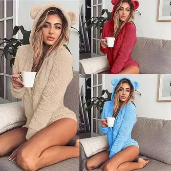 5XL женские зимние теплые пушистые комбинезоны с капюшоном, флисовая пижама с рисунком медведя из мультфильма, фланелевый комбинезон для взрослых, пижама с животными, шорты, комплект одежды для сна S синий