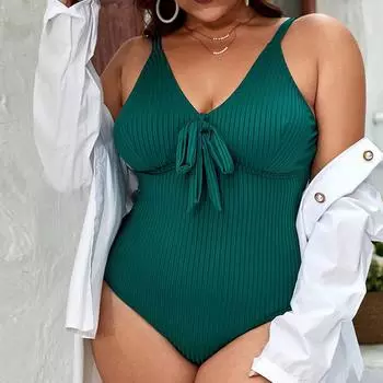 5XL женский купальник большой размер купальники однотонный цвет V-образный вырез бикини XL зелёный