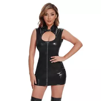 5XL Женское платье-футляр из кожи Wetlook, сексуальное, с открытой грудью, из искусственной кожи, облегающее, без рукавов, утягивающее, с поясом, мини-юбка S