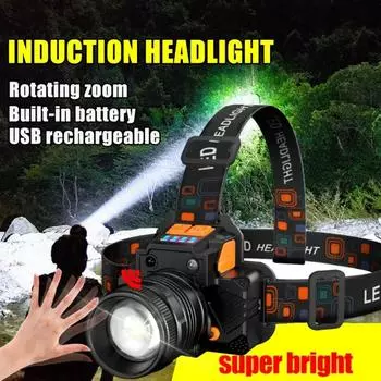 6000лм супер яркий T6 светодиодный датчик налобный фонарь со встроенным аккумулятором USB перезаряжаемый поворотный зум-фонарик для кемпинга на открытом воздухе рыбалки 2000lm