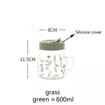 600/780ml Grass Pattern Mug With Straw And Lid Glass Tumbler With Graduated Heat Resistant Cup For Coffee Milk Drinkware 630-780ml
