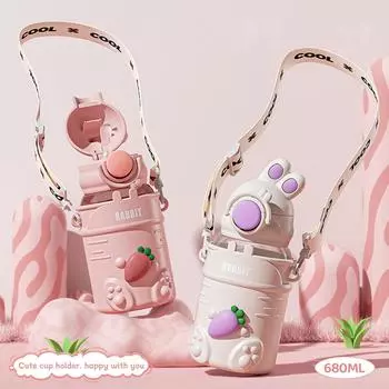 600 мл детская бутылка для воды с мультяшным кроликом и соломой, детская пластиковая чашка, портативная Нескользящая герметичная бутылка для питья, посуда для напитков 680ML