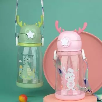 600 мл детская бутылочка для путешествий на открытом воздухе, школа, милая детская бутылочка для воды с мультяшными животными и плечевым ремнем для мальчиков и девочек